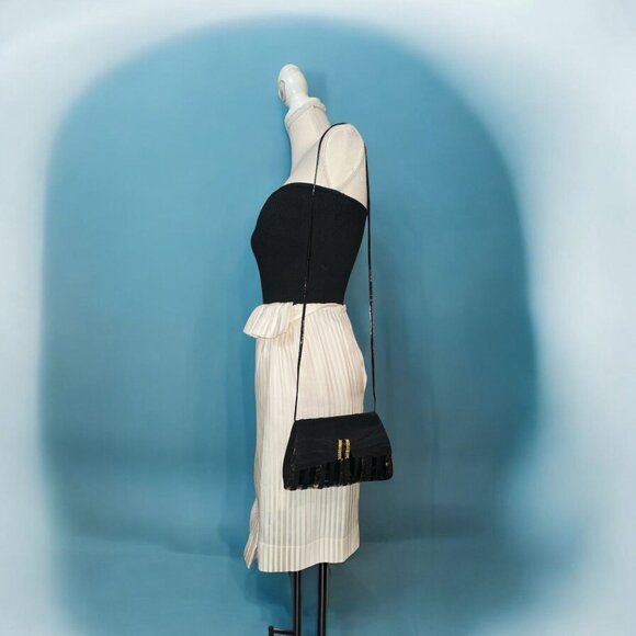 Bycks Evening Bag Black Velvet Clutch Gold Striped Front Bow Shoulder VTG 80s - Picture 3 of 8